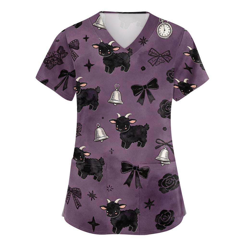 Women's V Neck Short Sleeve Work Shirt with Pockets Animal Print Top Medical Uniform Scrub Tee for Healthcare Professionals