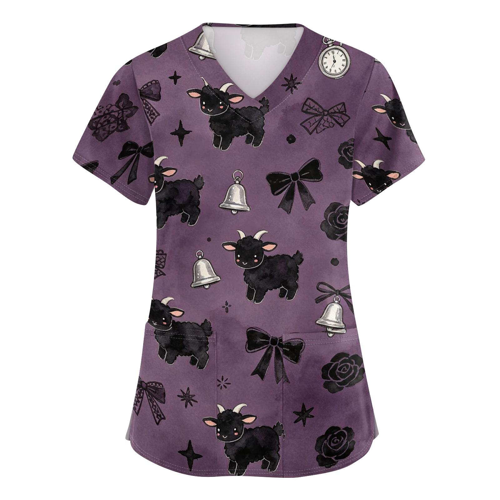 

Women s V Neck Short Sleeve Work Top with Pockets Animal Print Medical Scrub Shirt for Healthcare Professionals Nursing Uniform L чёрный