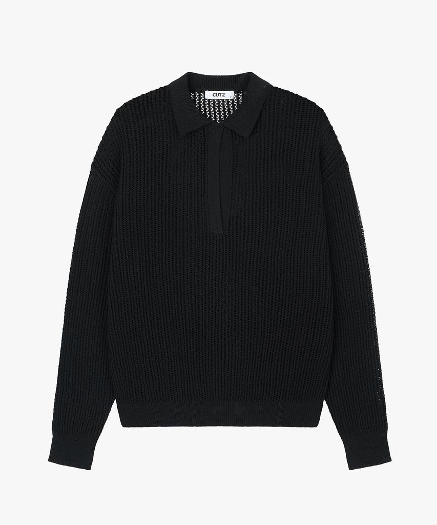 CUTZ Mesh Boucle Open Collar Pullover (Blue)