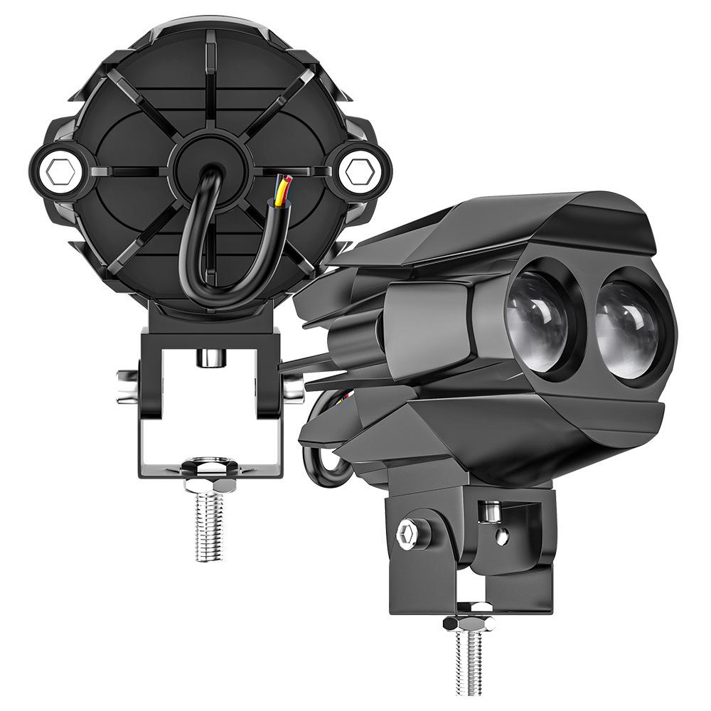 Motorcycle LED Spotlight Yellow-White Light: Super Bright Auxiliary Mini Driving Headlight for Electric Vehicles.