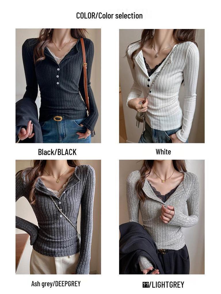 Damhöst-Vinter V-ringad Spetslagerstickad Topp - Smal Passform, Långärmad, Koreansk Stil