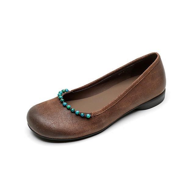 2025 Spring New Low-heeled Leather Beaded Shallow Single Shoes Women's Flat Bottom Round Head Retro Original Grandma Shoes National Style
