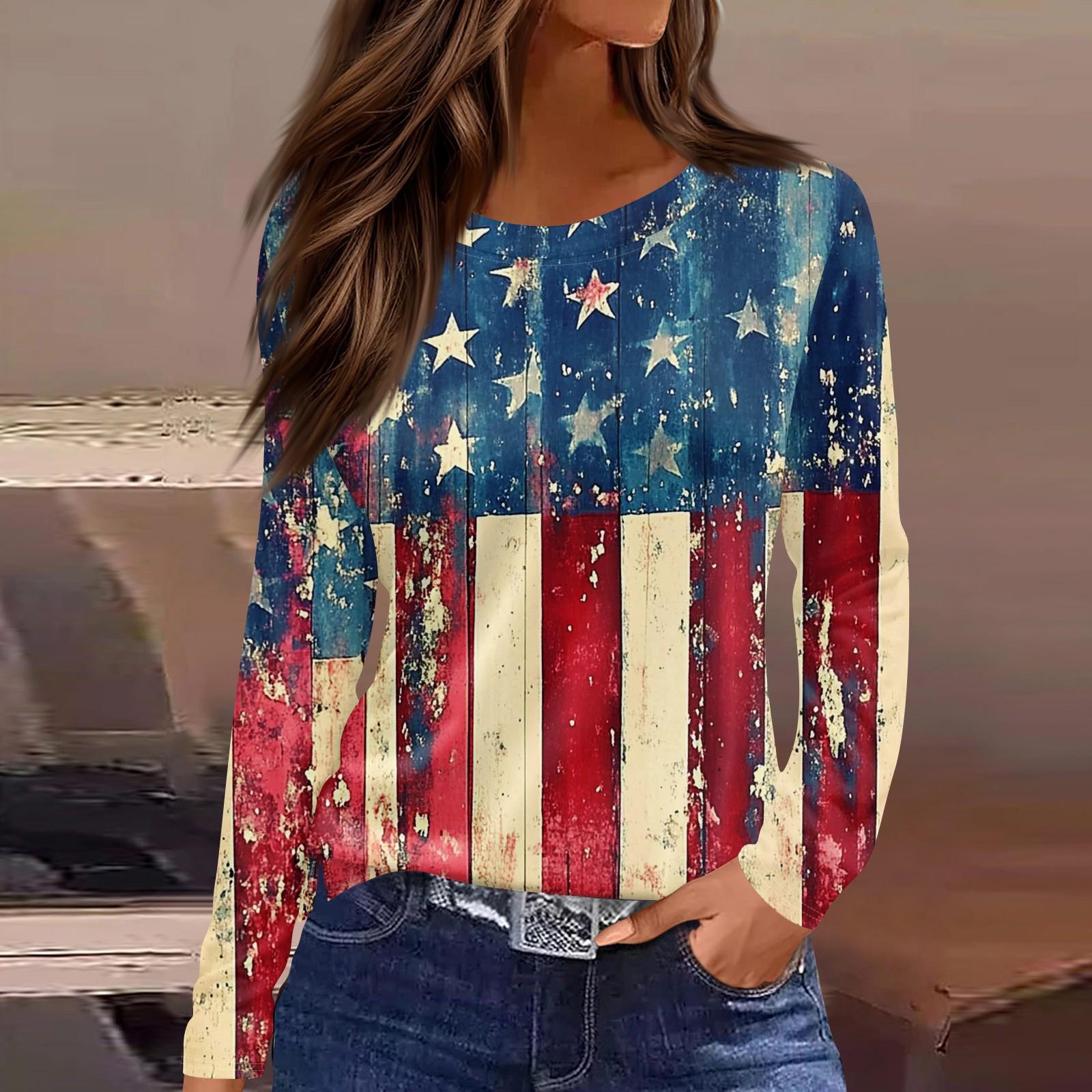 

Women s Fashion Slit Hem Independence Day Printed Round Neck Long Sleeve Top L