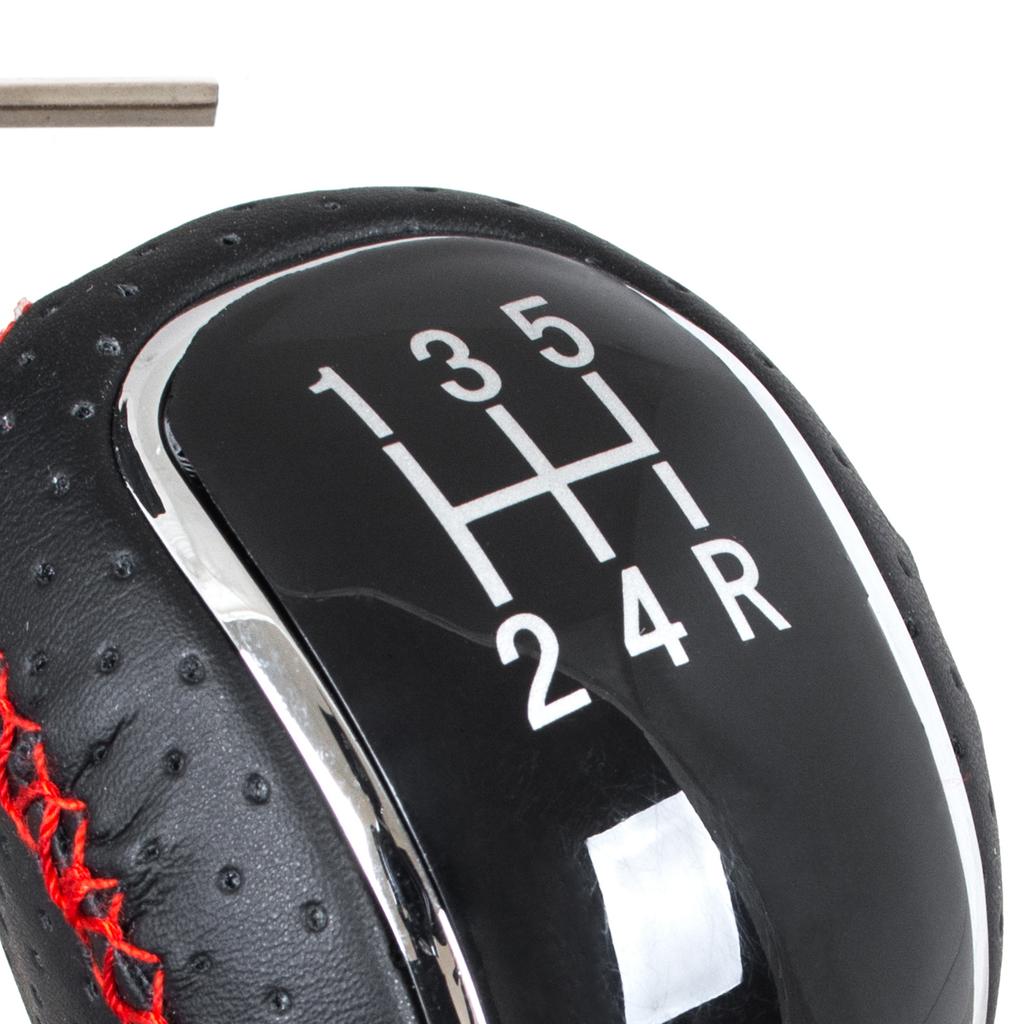 UNIVERSAL 5 SPEED BLACK LEATHER + RED THREAD + SILVER gear shift knob