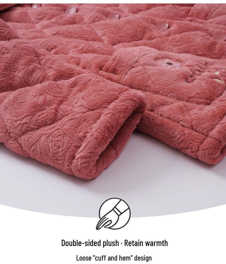 Damen Winter Korallfleece Gesteppter Pyjama - Dickes Flanell Warmes Hausanzug-Set für Mittelalte und Ältere Mütter