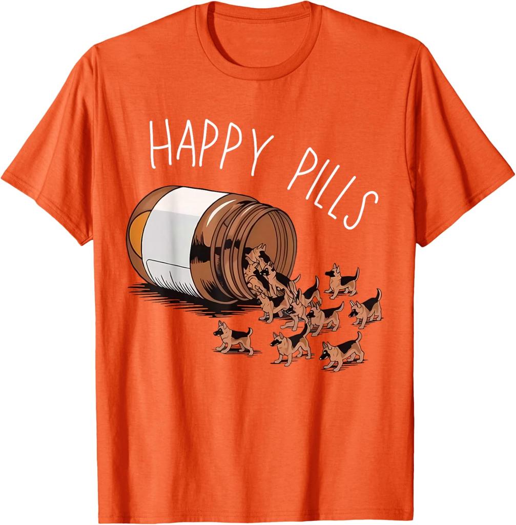 Happy Pills German Shepherd Dog Lovers Graphic Print TShirt Casual Wear Cotton Tee
