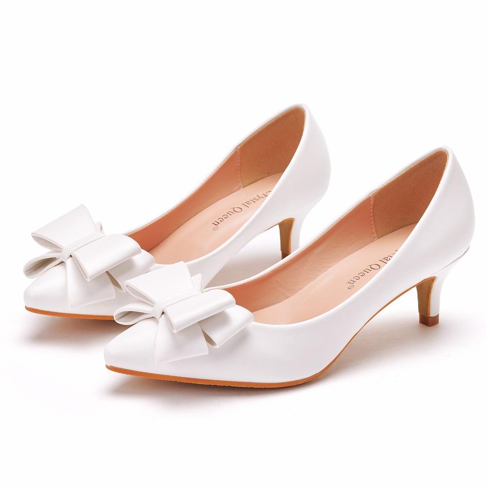 Bride Wedding Dress Pointed Toe Single Shoes Thin Heel Medium Heel Single Shoes Bow Pointed Toe Shoes Foreign Trade Large Size White Wedding Shoes