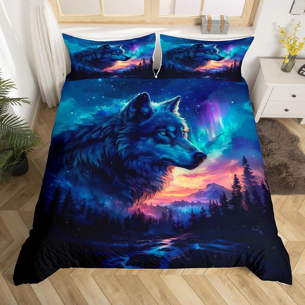 Wolf Duvet Cover Queen Twin for Kids Boys TeenStarry Sky Bedding Set Exotic Tribal Animal Comforter Cover Wild Wolf Quilt Cover
