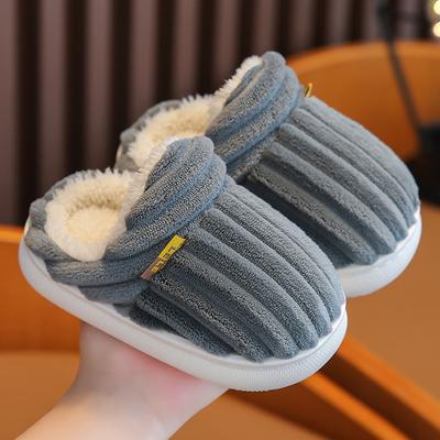 Neue Winter-Hausschuhe aus Plüsch mit prägnanten Streifen, rutschfeste weiche Sohle, für Jungen und Mädchen, mit Fersenwickel, warme, hohe Baumwollschuhe für zu Hause