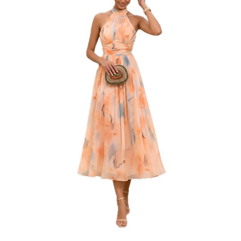1116 Women's Clothing Summer New, European and American Women's Clothing, Elegant Temperament Printed Neck-hanging Waist Backless Dress
