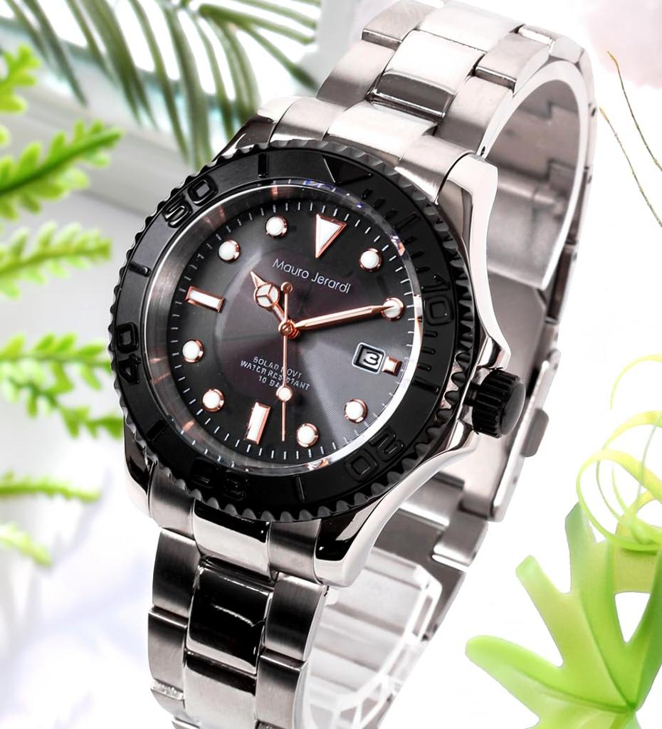 Mauro Geraldi Solar Watch, All Stainless Steel, 10 ATM Water Resistant, Rotating Bezel, Luminous, MJ061 (MJ061-1/Black)