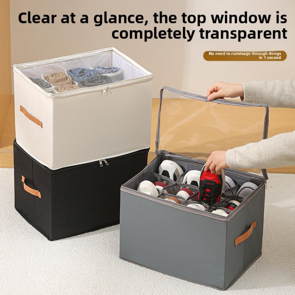 Oxford Cloth Space Saving Shoe Storage Organizer, with Adjustable Partition, Foldable, Suitable for Shoes, Clothes, and Accessories, with Zipper