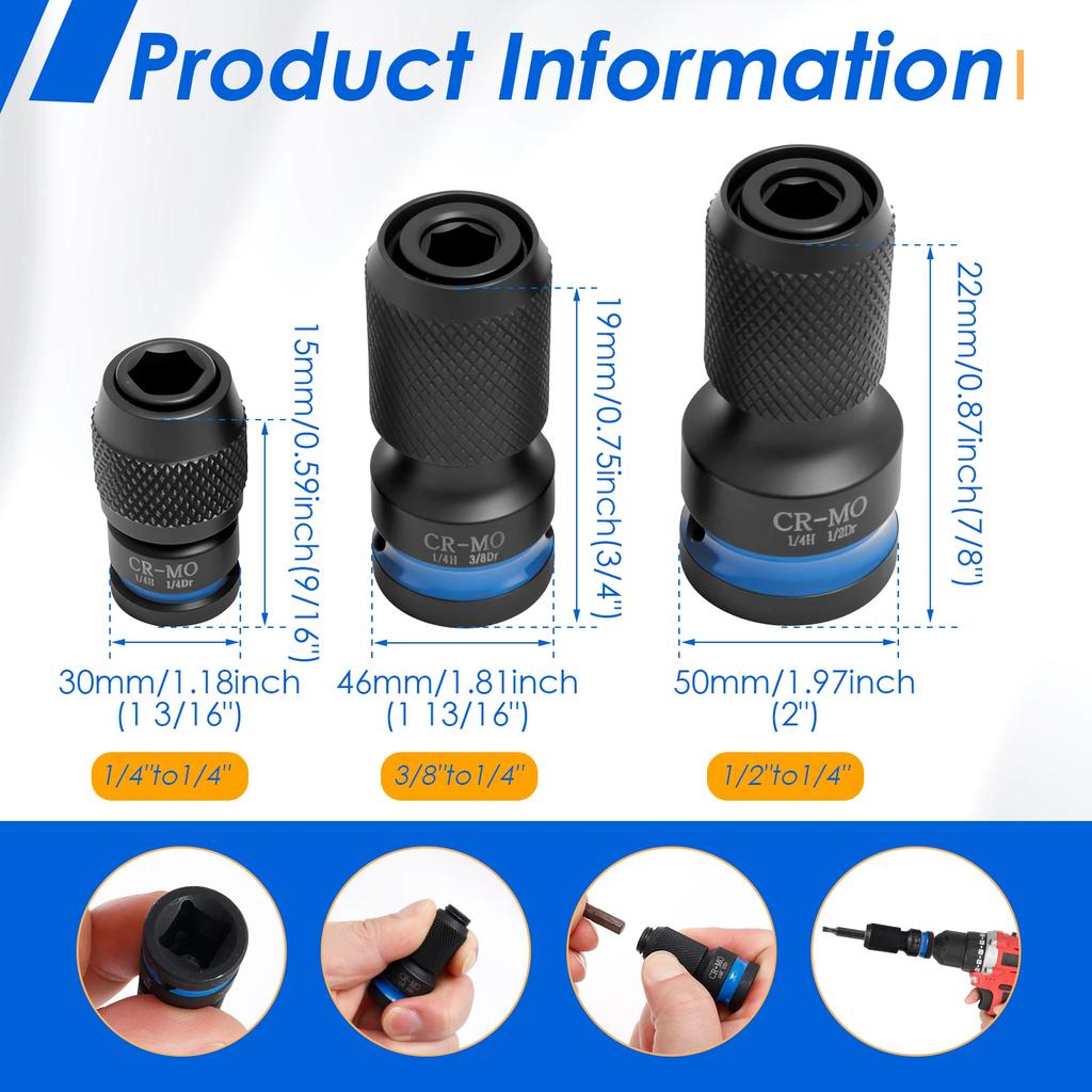3Pcs Impact Hex Converter for Screwdriver Bit 1/2 3/8 1/4 Inch Square Drive to 1/4-Inch Quick Release Hex Socket Wrench Adapter