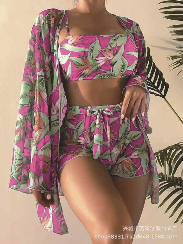New fashion bikini bikini sexy blouse long-sleeved multi-color printed four-piece women's swimsuit