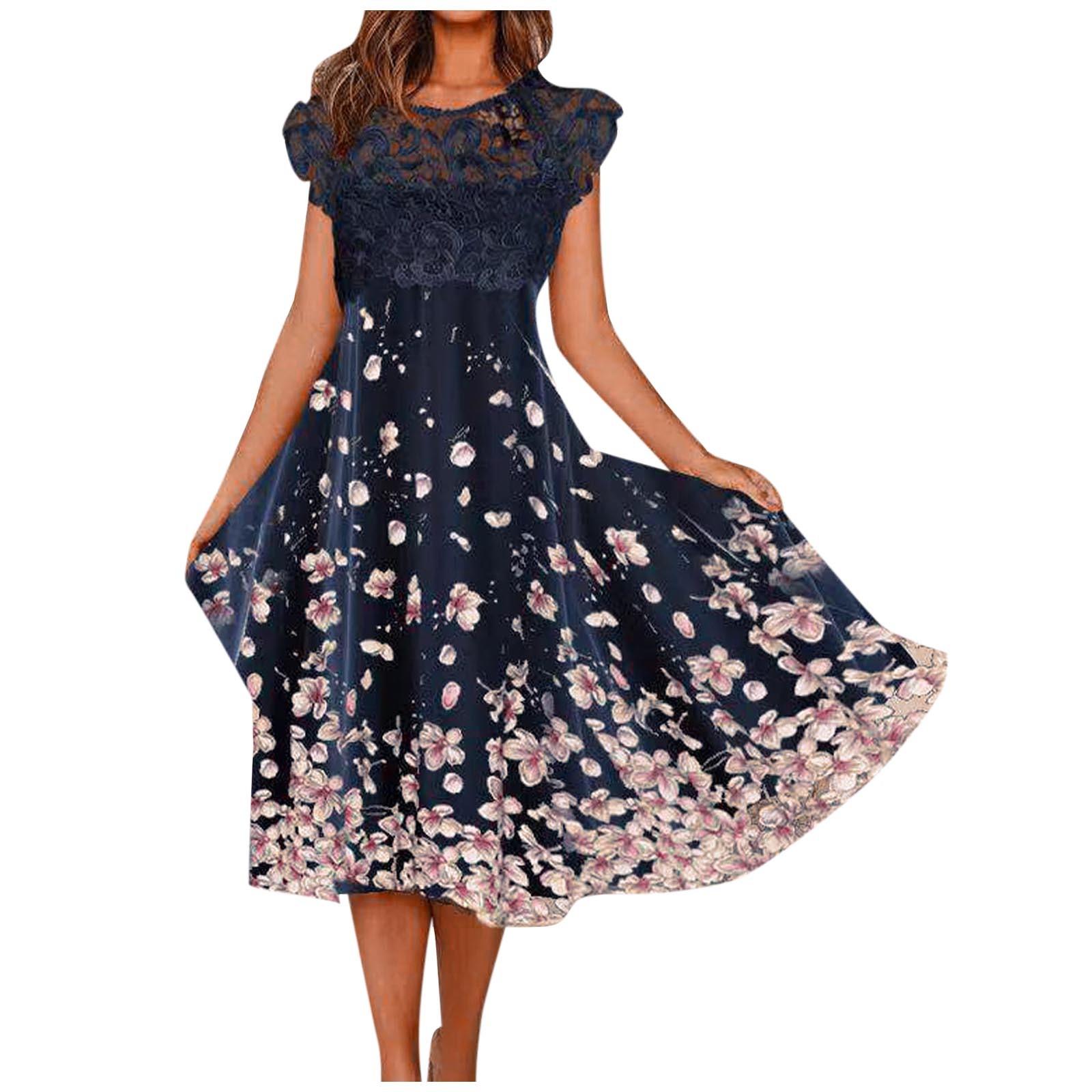 

(Куниде) Женская юбка с принтом в стиле ретро, ​​юбка с коротким рукавом, платье с круглым вырезом, летнее платье