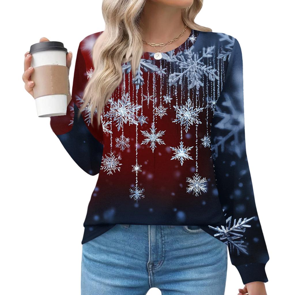 Women's Fashionable Casual Christmas Printed Pleated Comfortable Round Neck Loose Long Sleeve T-Shirt Top