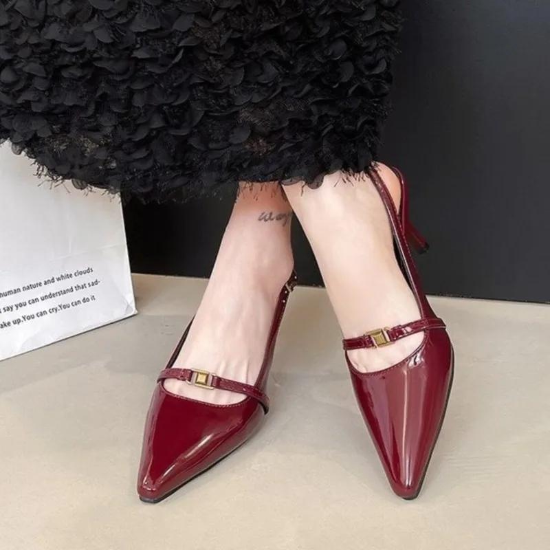 

Женские туфли-лодочки с острым носком, сандалии с металлической пряжкой, на тонком каблуке, туфли для платья, туфли на высоком каблуке, слинги из лакированной кожи, летняя обувь 1911 39 вино красного