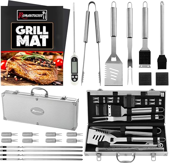 ROMANTICIST 23pcs Must-Have BBQ Grill Accessories Set with Thermometer in Case - Stainless Steel Barbecue Tool Set with 2 Grill