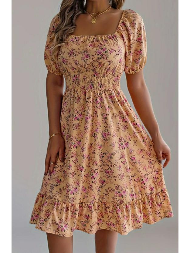

Женское летнее платье 2025 года с цветочным принтом, оборками, коротким рукавом и облегающее талию Extra Large оранжевый