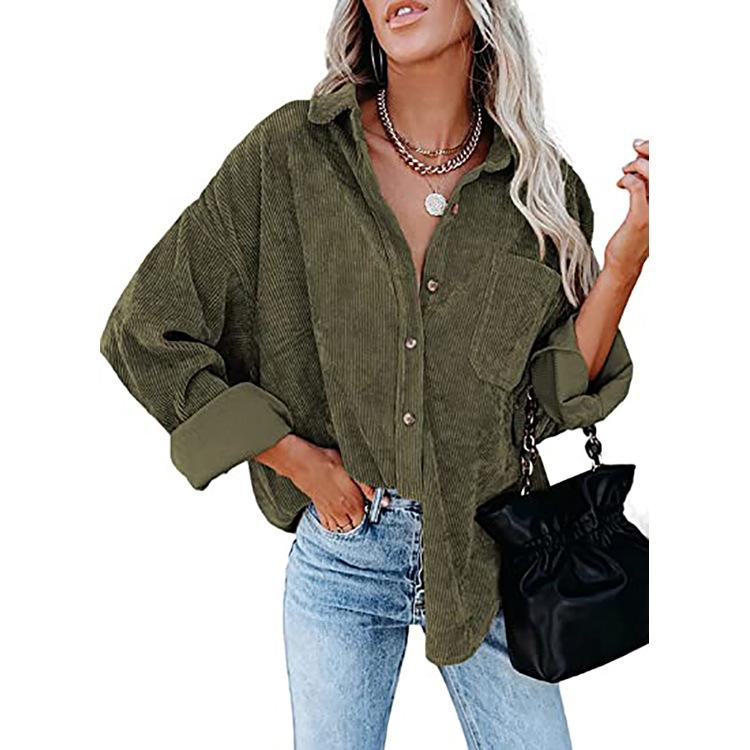 Damer Casual Manchestervårdblus Randig Damer Skjortjacka Vintage Knapp Ficka Lös Mode Blusar Toppar Plus Size