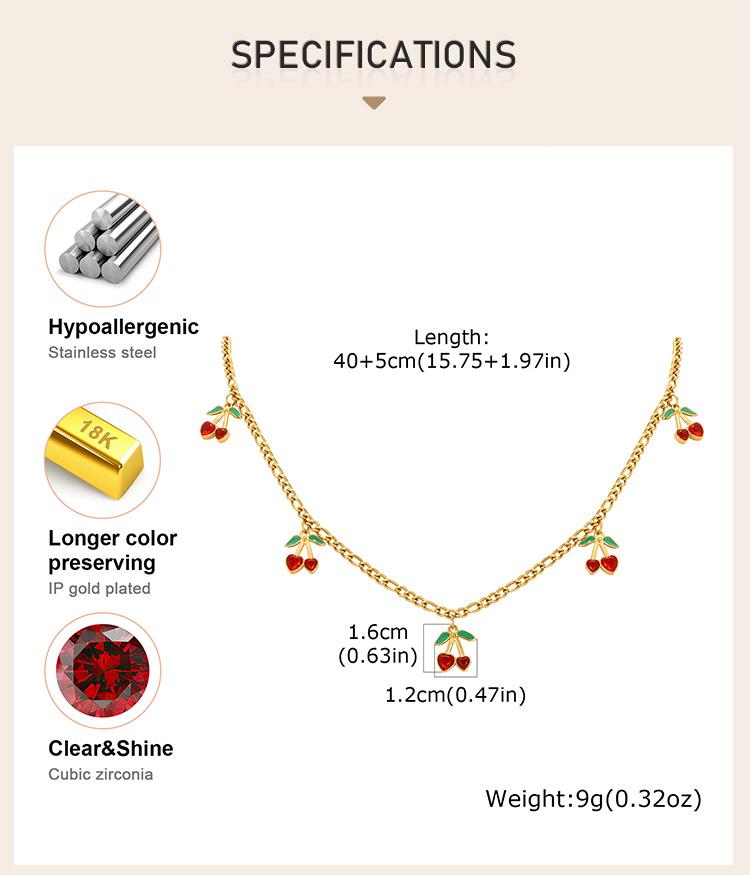 Cherry Necklace Red Zircon Fruit Charm for Women Cuban Chain Stainless Steel 18K Gold Plated Waterproof Summer Beach Y2K Jewelry