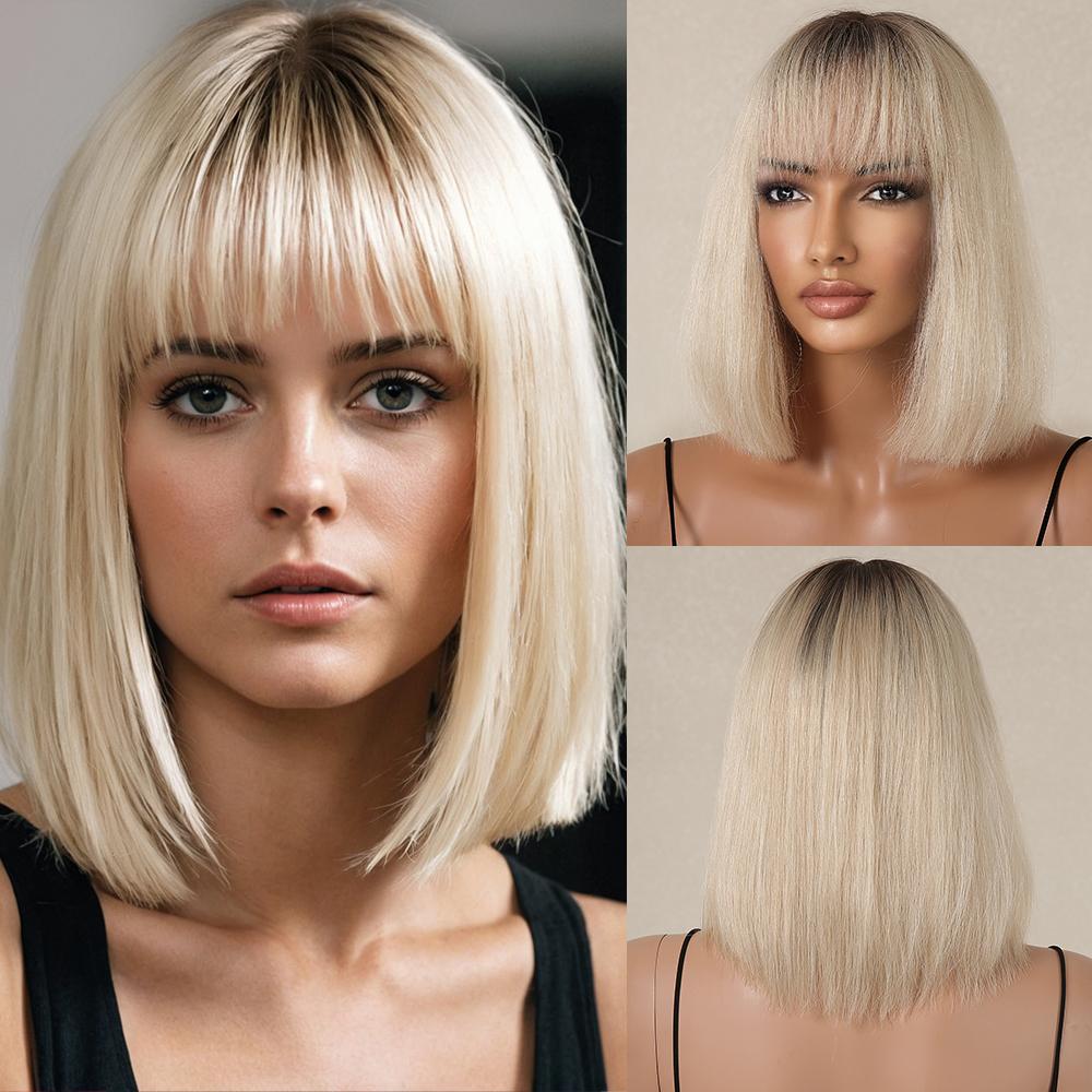 HAIRCUBE Ombre Blonde Bob Human Hairs Wig for Women Straight Short Machine Made Human Hair Wigs with Bangs Natural 10inch Wig Daily Use