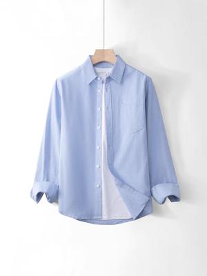 Men's Blue Solid Long Sleeve Shirt - Versatile Spring/Autumn Fashion