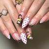 24pcs Cute Cartoon Monkey Press On Nails Light Coffee Polka Dot Pink Almond French Style False Nails Sweet Flower Fake Nail