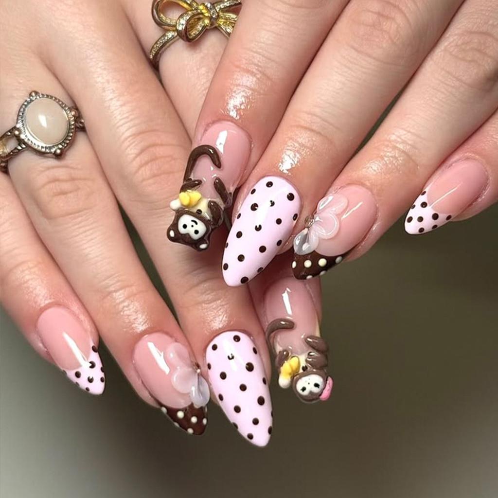 24pcs Cute Cartoon Monkey Press On Nails Light Coffee Polka Dot Pink Almond French Style False Nails Sweet Flower Fake Nail