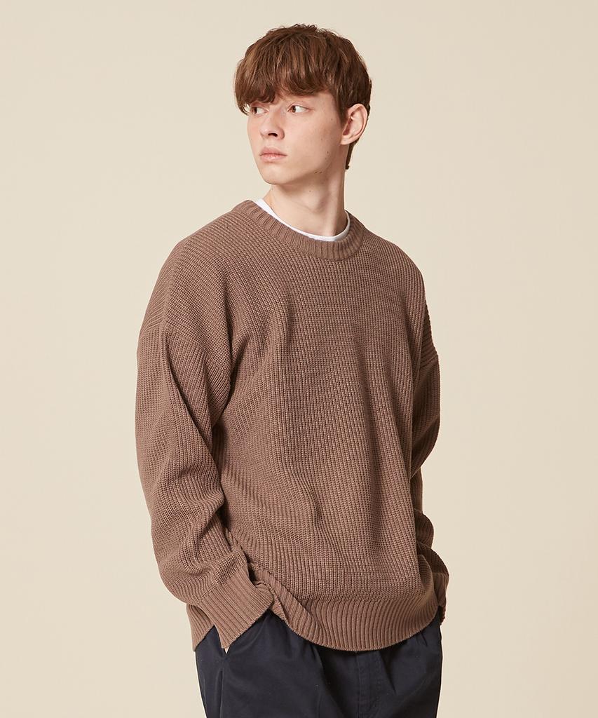 BLOND9 Crew Neck Rib Knit Sweater_Brown