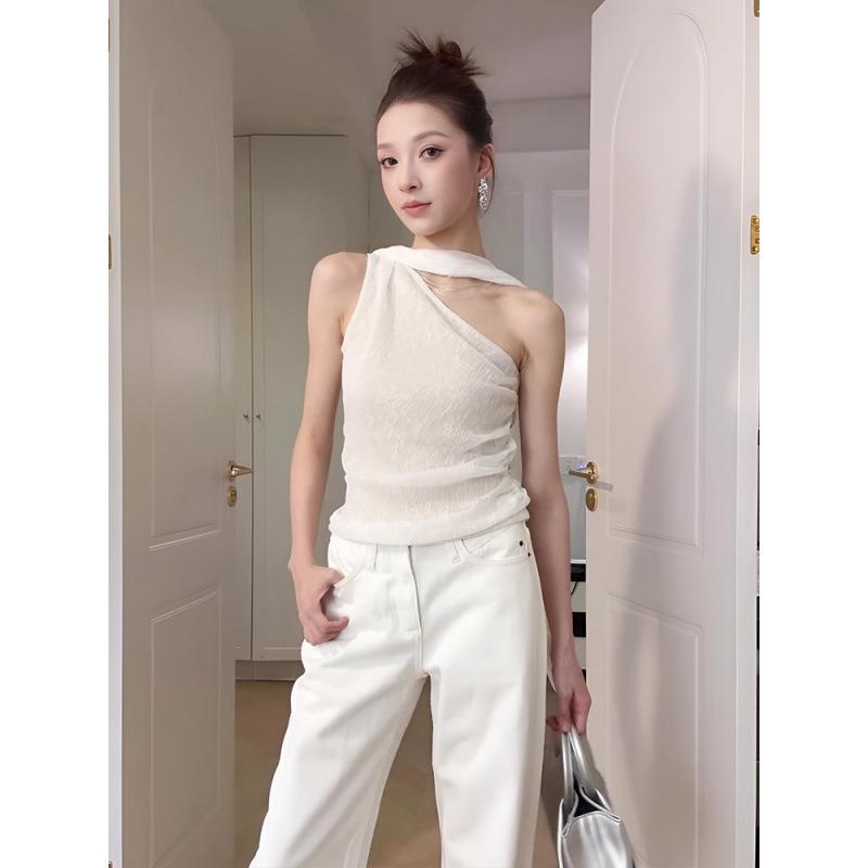 White Slanted Shoulder Sleeveless Single Shoulder Small Suspender Female Xia Ju Good-looking Vest Short Outer Irregular Streamer Top