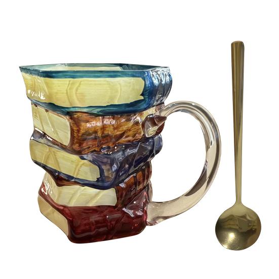 Picture Book Coffee Cup 3D Book Stacking Novel Inspired Mug 420ml Hand-Drawn Artistic Literary Mug for Book Lovers Teachers Librarians