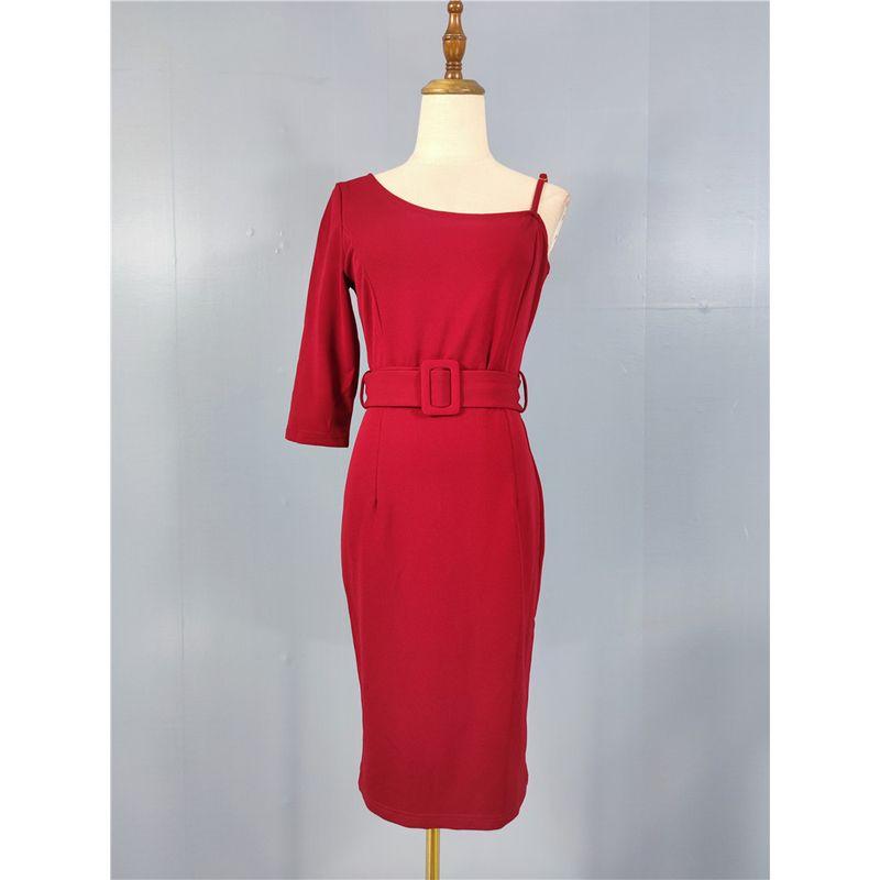 

French Elegant 2024 Summer New Suspender One Shoulder Work Clothing Ol Office Dress Dopamine Skirt with Belt Burgundy XL
