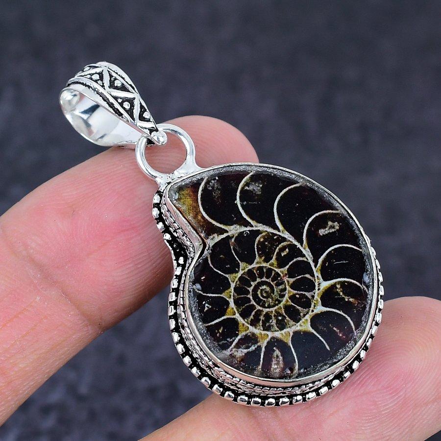 Ammonite Fossil Gemstone Handmade 925 Sterling Silver Jewelry Pendant 1.97" g8H15