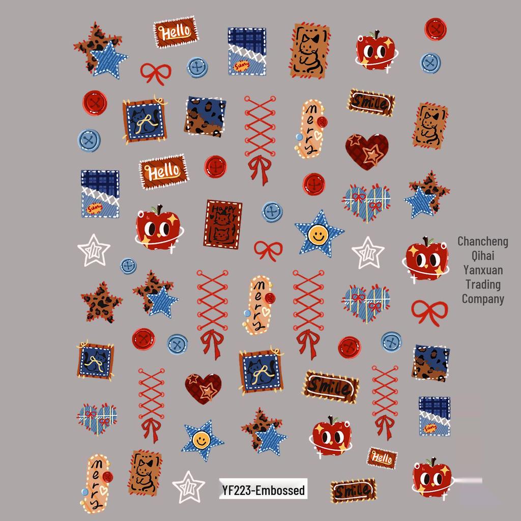 Patchwork Bear & Dora Adhesive Nail Stickers with Cute Heart and Camera Designs