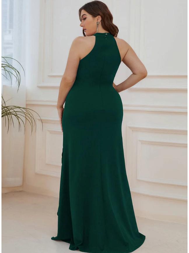 European & American Split Fashion Solid Color Round Neck Long Dress