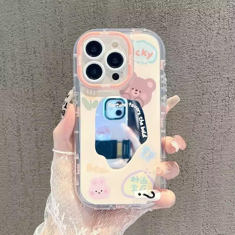 INS Cute Cartoon Bear Makeup Mirror Phone Case For iPhone 17 16 15 14 13 12 11 Pro Max XS X XR 7 8 Plus SE2 16E Shockproof Cover
