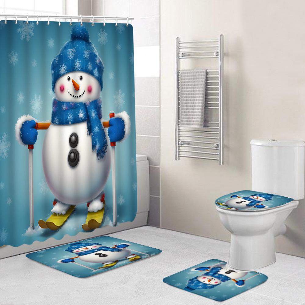 Christmas Toilet Cover Shower Curtain Floor Mat Set Santa Carpet Door Mat Foot Mat Non-Slip Mat