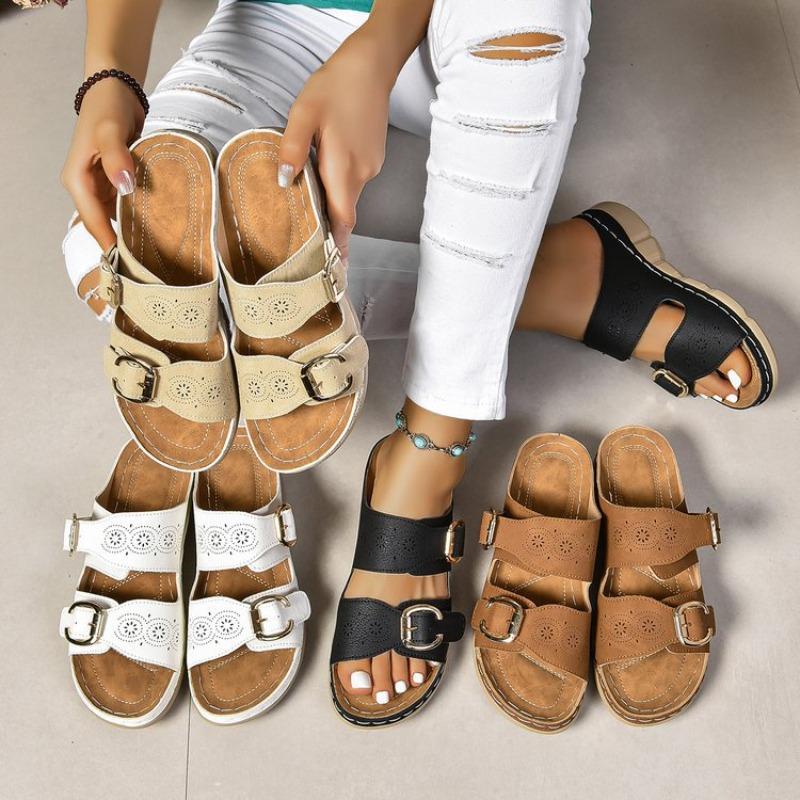 

New Plus-size Shoes Thick-soled Wedge Heel One-shoulder Casual Flip-flops 43 бежевий