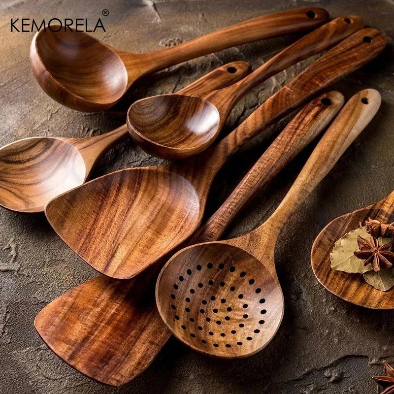 7/10 PCS Thailand Teak Natural Wood Tableware Ladle Turner Long Rice Colander Soup Skimmer Cooking Spoons Scoop Kitchen Tool Set
