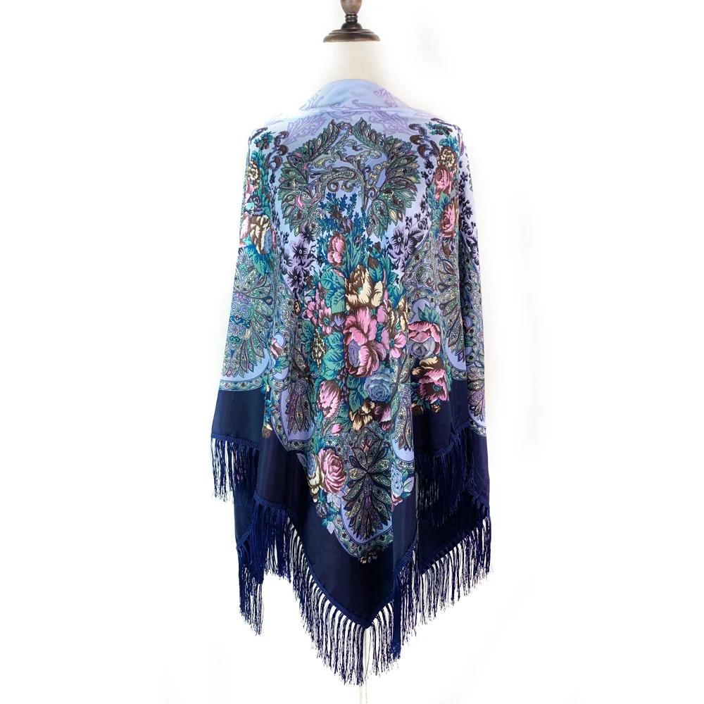 160*160cm Luxury Flower Print Russian Square Scarf Women Traditional Ukrainian Shawl Ethnic Fringed Bandana Babushka Head Wraps