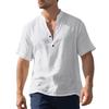 Summer European and American men's casual loose shirt men's casual stand-up collar buckle linen short sleeve solid color large size men
