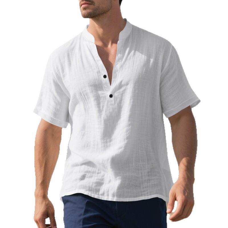 Summer European and American men's casual loose shirt men's casual stand-up collar buckle linen short sleeve solid color large size men