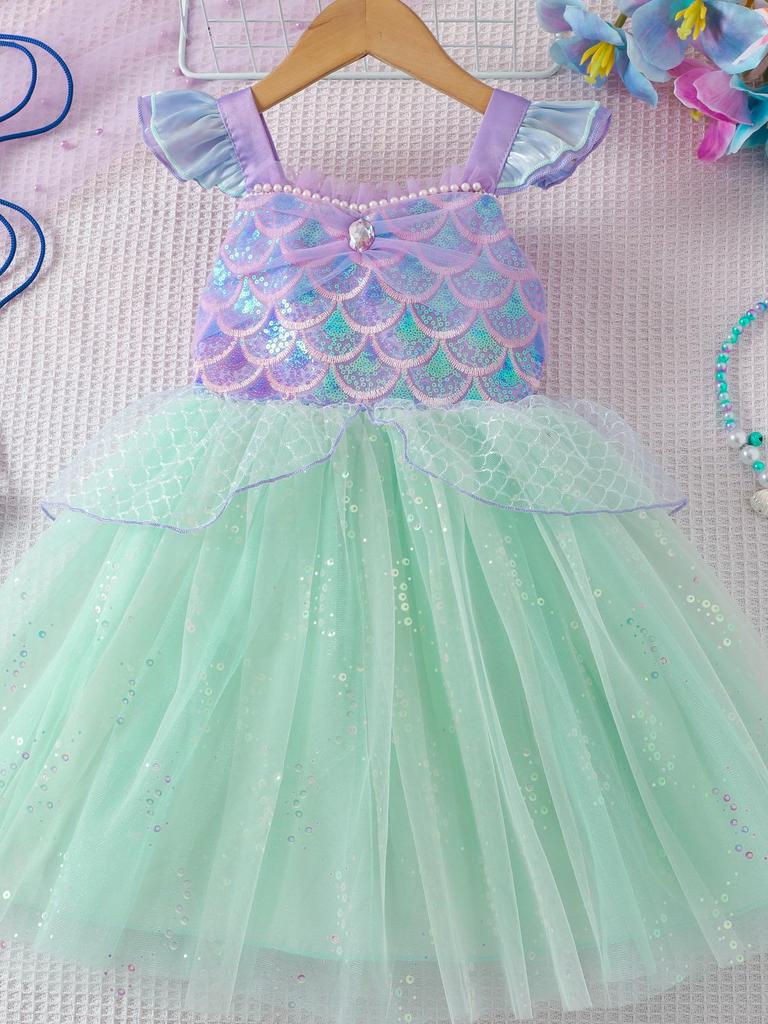 Mädchen Pailletten-Mesh Spaghetti-Träger Kleid - Sommer Meerjungfrau Prinzessin Kostüm