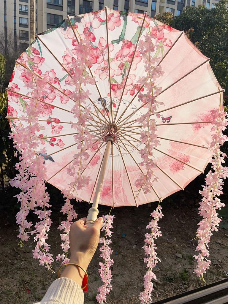 Fioletowy Lawendowy Anime Parasol z Wentylatorem Wiatroodporny Na Plażę Taniec Cosplay Parasol z Papieru Olejnego Parasol Hanfu