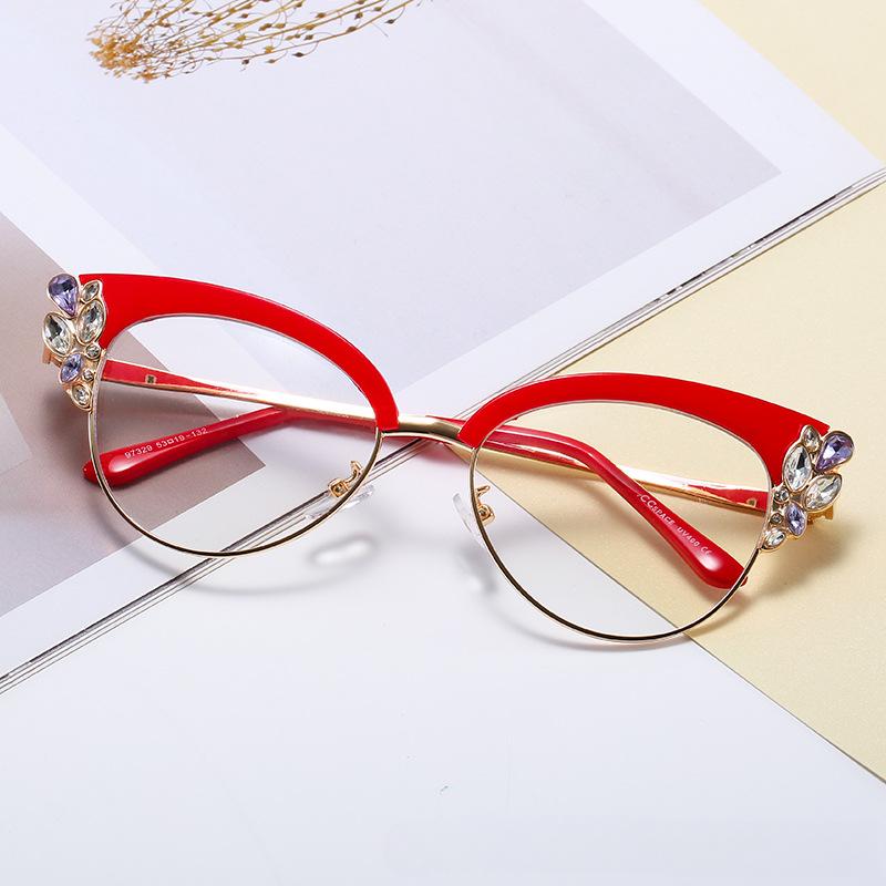 Fashion Cat Eye Glasses Frame Women Trendy Crystal Shiny Non-prescription Original Brand Design Eyewear Multi Color