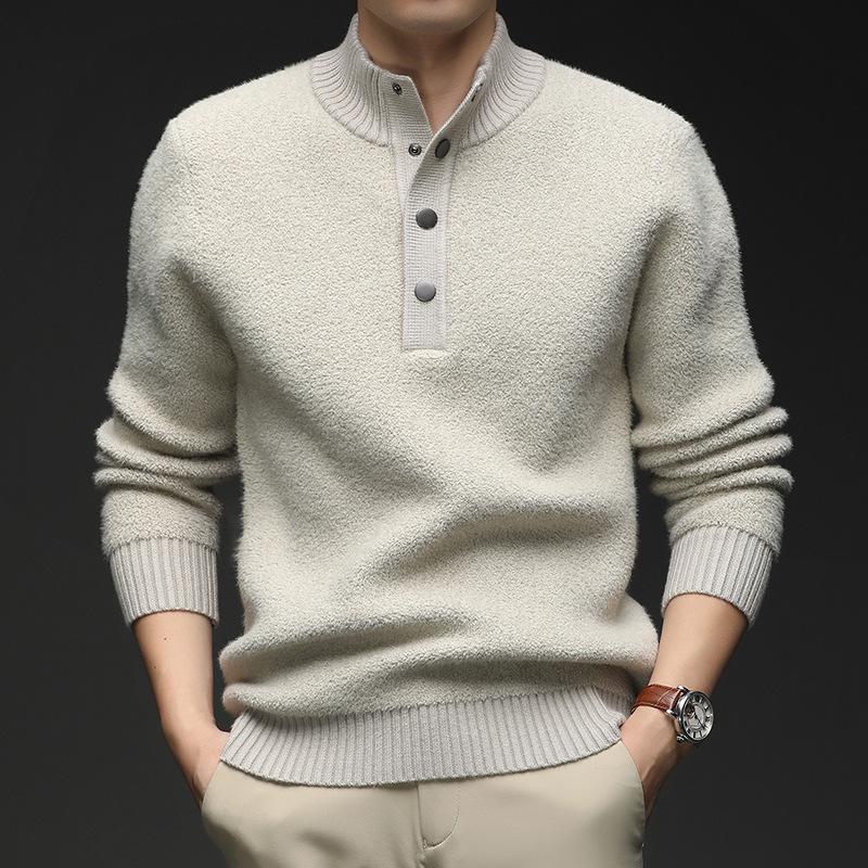 

Men s Autumn/Winter Thickened Knitwear: Half-High Collar Button-Up, Luxury Old Money Style, Solid Color Fleece. 4XL [170-190 jin]
