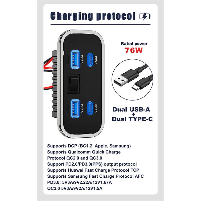 4 Portlu 12V Karavan USB Priz 76W Çift PD3.0 Type-C Hızlı Şarj & QC3.0 Panel Duvar Montajlı Şarj Cihazı Adaptörü Deniz Aracı Otobüs ATV Kamyon için