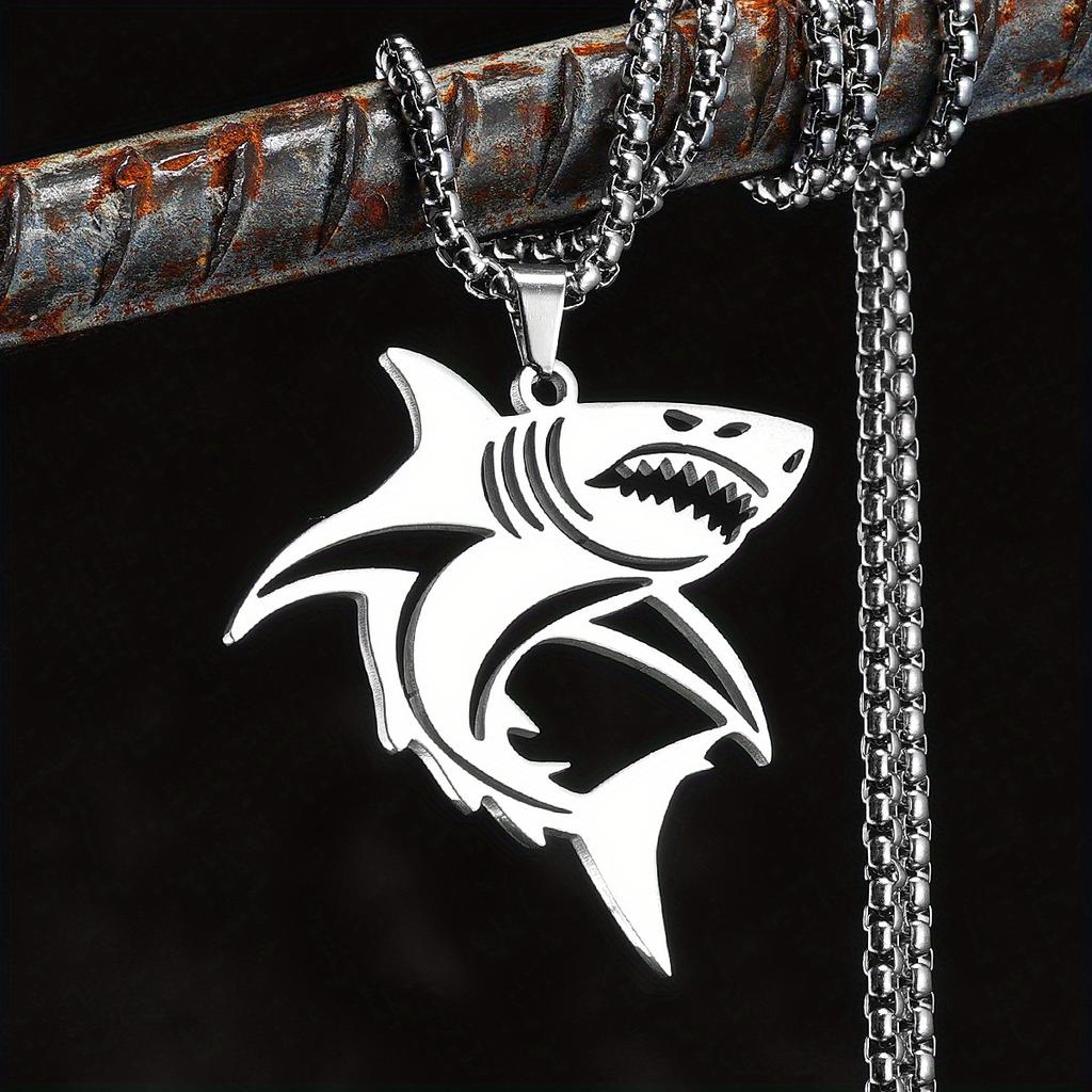 Large White Shark Hollow Necklaces Men's Pendant Stainless Steel T-Shirt Chain Female Punk Fashion Jewelry Accessories Gifts