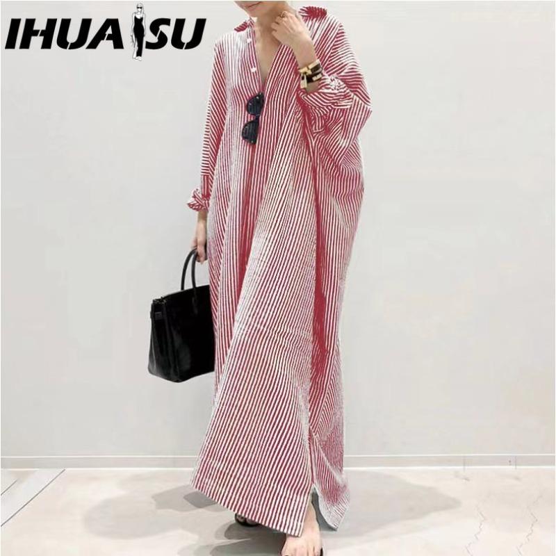IHUASU Rochie Maxi Casual cu Mânecă Lungă, cu Nasturi, cu Dungi, Stil Coreean pentru Femei